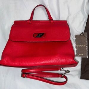 Gucci Red Leather Medium Bamboo Daily Top Handle Satchel Bag